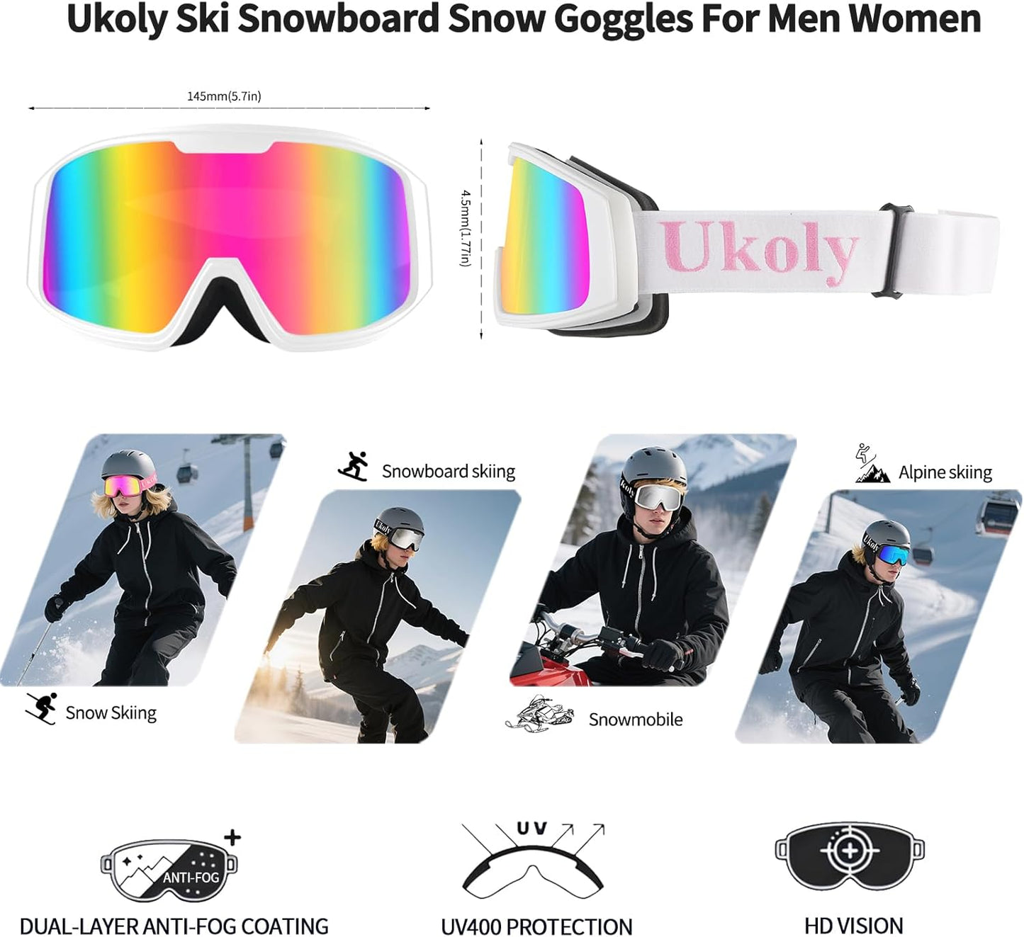 Ukoly Ski/Snowboard Goggles - HD Anti-Fog Lens, UV400 Protection, OTG Design for Men & Women