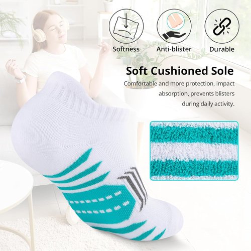 COOPLUS Ankle Socks - Women's Athletic Cushioned Low Cut Running Socks | 6 Pairs, Anti-Blister Cotton