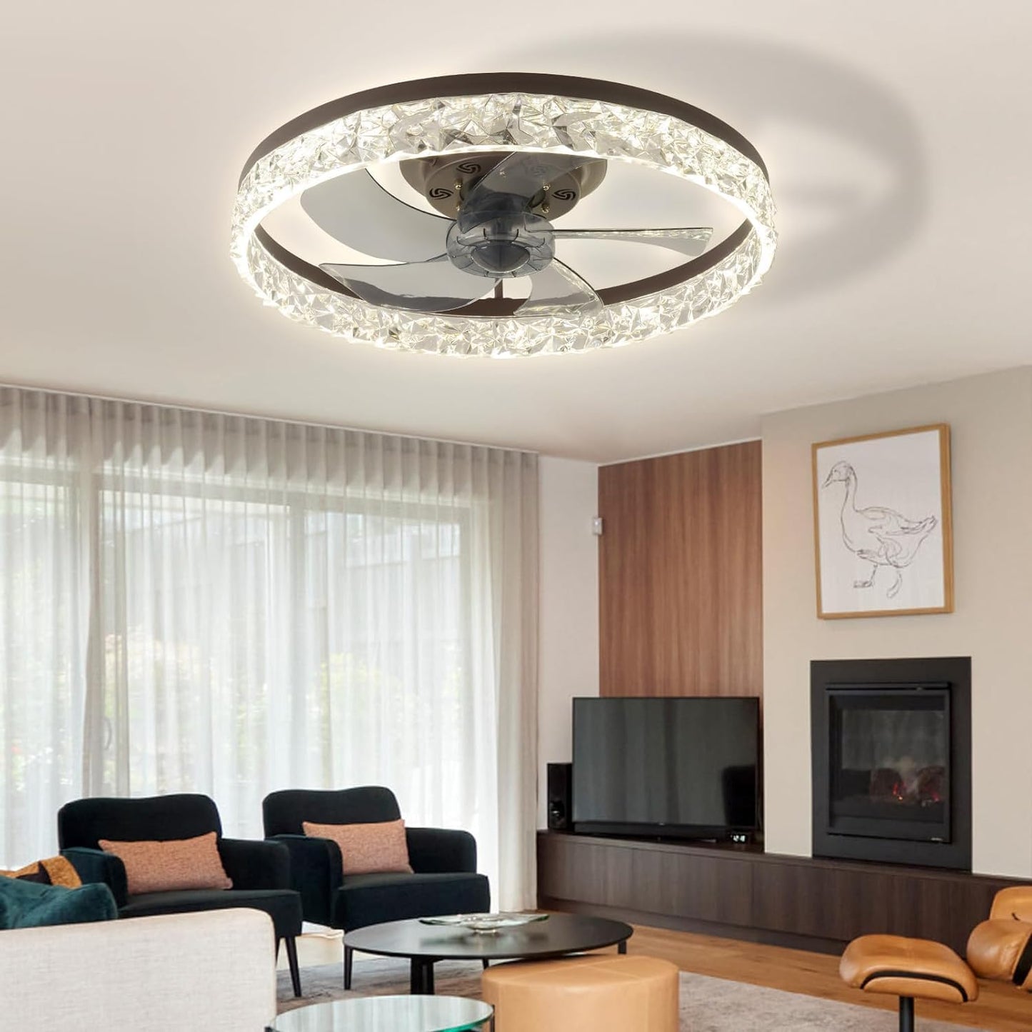 Cainjiazh 20" Low Profile Ceiling Fans with Lights and Remote Fandelier Ceiling Fan Flush Mount 3000K-6500K Smart Bladeless LED Fan Light Brown Modern Ceiling Fans with Lights for Bedroom