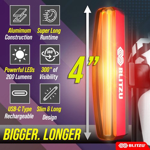 BLITZU Cyborg 200T Bike Lights Taillight USB-C Rechargeable LED Rear Bicycle Light for Night Riding, Cycling Safety Reflector Accessories, Powerful Back Light for Men, Women, Kids