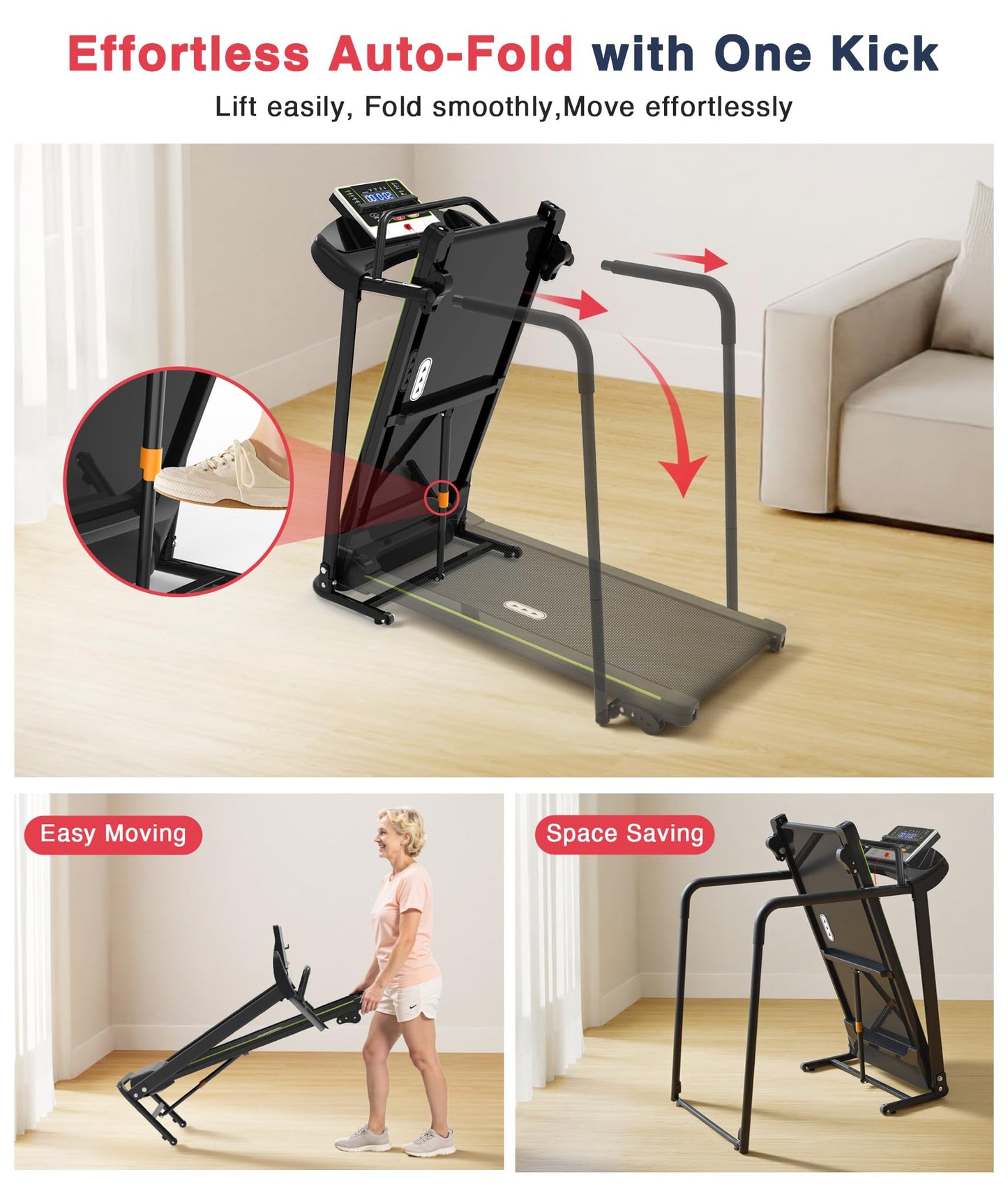 Redliro Treadmill for Seniors - 0.3mph Slow Start,Front & Long Handrails