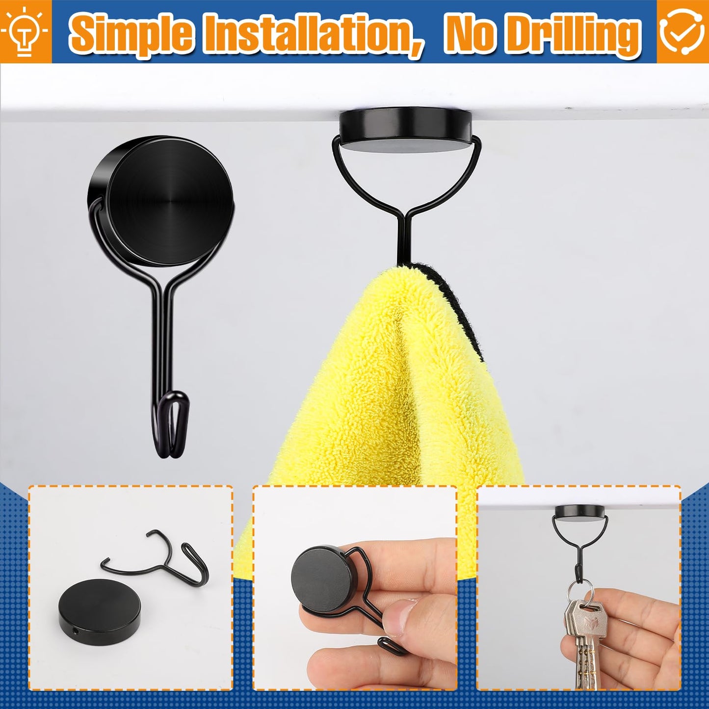 TRYMAG 80LBS Magnetic Hooks Heavy Duty, 6 Pack Strong Swivel Swing Magnetic Hooks for Cruise, Black Extra Neodymium Magnet Hook for Hanging, Magnets Hanging Hooks for Refrigerator, Grill, Locker