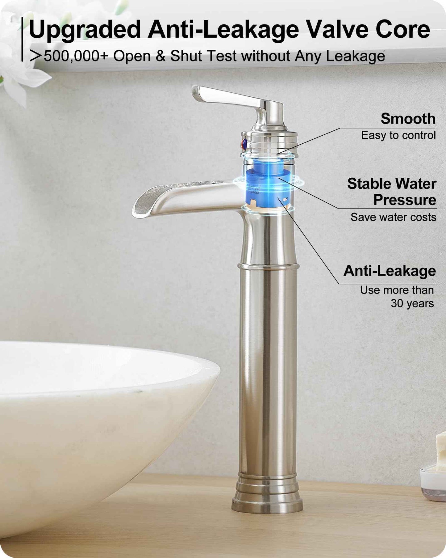 HEYMYTAP Brass Vessel Sink Faucet Brushed Nickel Waterfall Bathroom Faucet Tall 1 Hole, Single Handle with Pop-up Drain & Water Hoses for Bathroom Vanity Vessel Sink