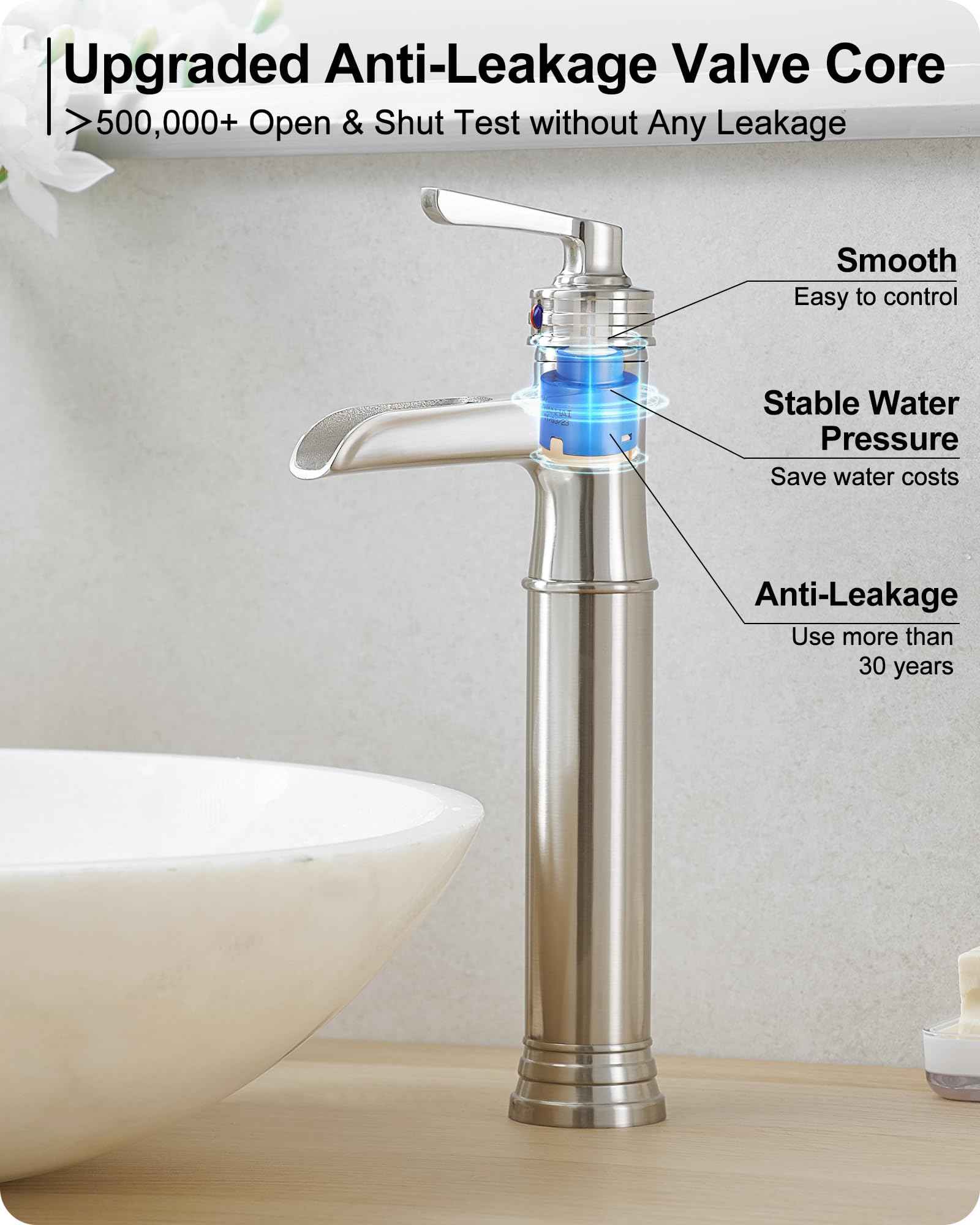 HEYMYTAP Brass Vessel Sink Faucet Brushed Nickel Waterfall Bathroom Faucet Tall 1 Hole, Single Handle with Pop-up Drain & Water Hoses for Bathroom Vanity Vessel Sink