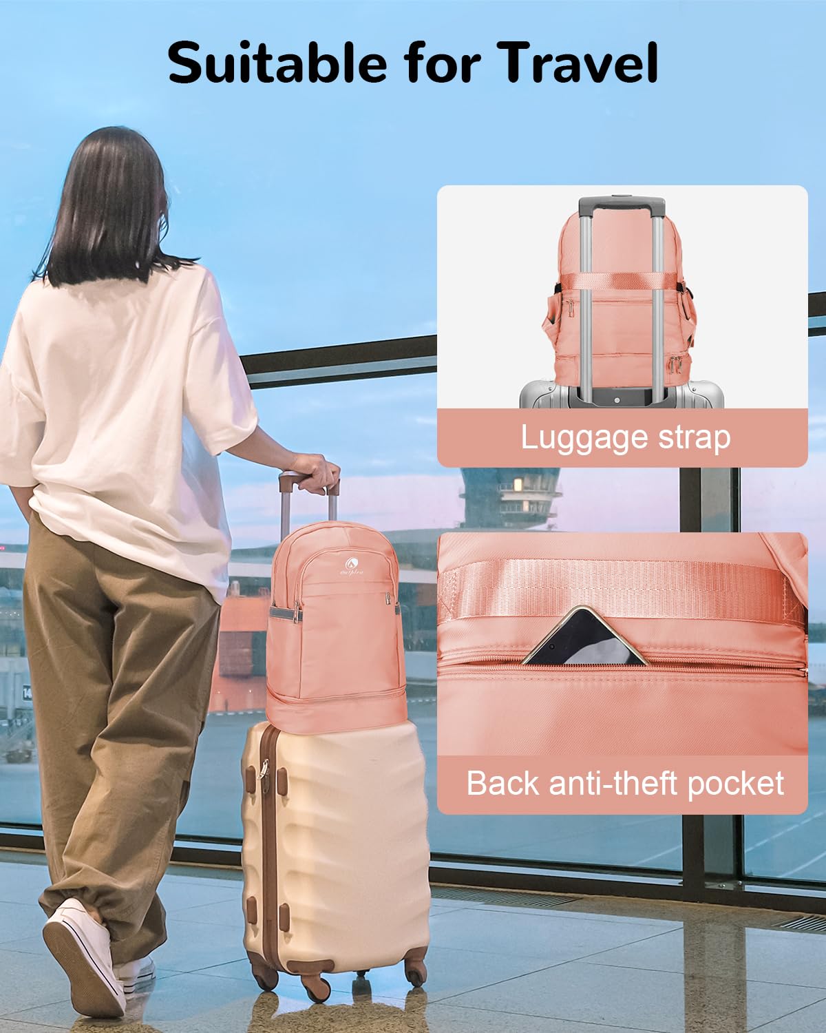 Outplea 28L Small Gym Backpack with Shoe Compartment for Women, Lightweight Sports Backpack with Wet Pocket, Pink