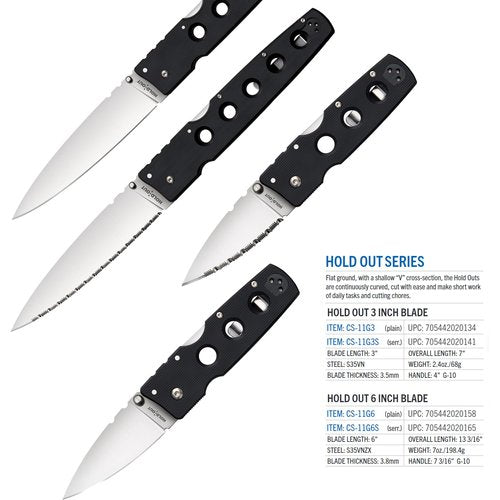 Cold Steel Hold Out 3" S35VN Serrated Blade 4" G-10 Handle Everyday Carry Pocket Folding Knife w/Tri-Ad Lock, Pocket Clip