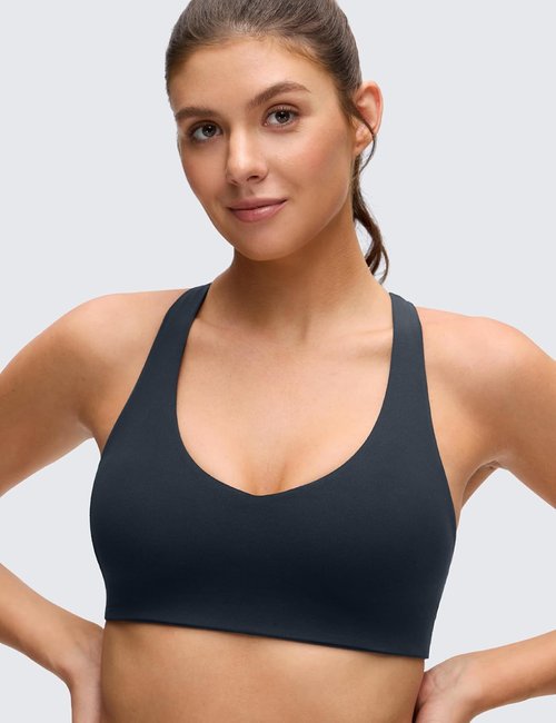 CRZ YOGA Butterluxe Sports Bra - Supportive V Neck Padded Wireless Yoga Crop Top for Women