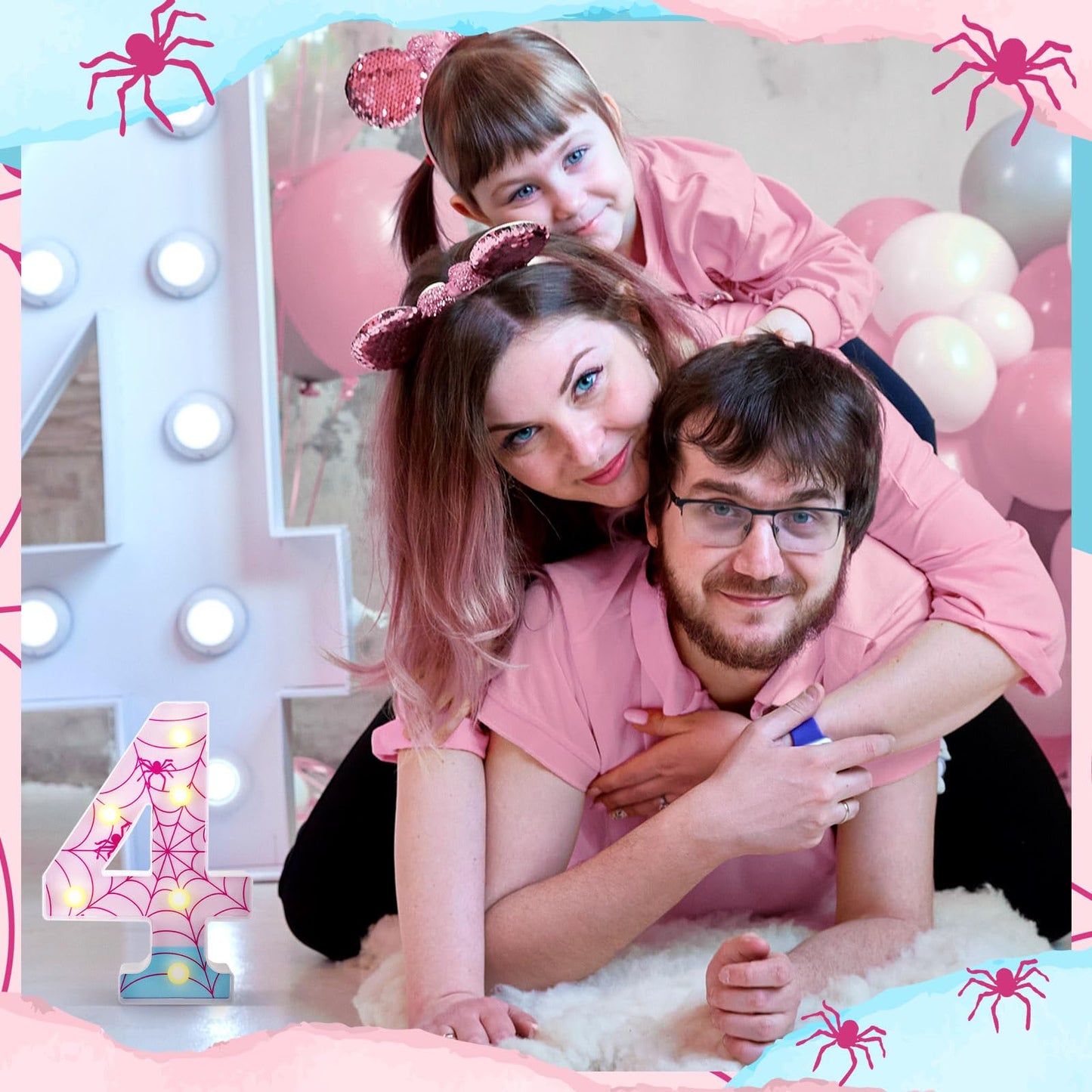 Leinuosen Spider LED Number Lights Birthday Party Decoration Pink Spider Light up Numbers Women Birthday Supplies for Marquee Night Christmas Gift Baby Shower (Number 4)