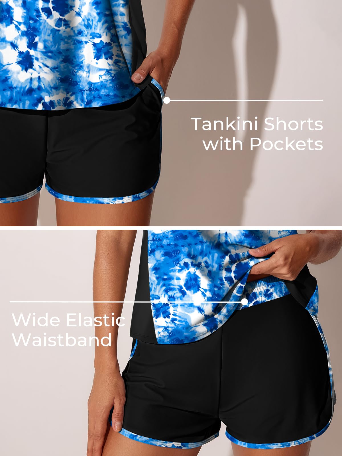 Summer Mae Plus Size Tankini Swimsuits for Women 2026 Tummy Control Two Piece Bathing Suits with Pockets Swim Shorts Blue Tie-Dye Size 26 Plus