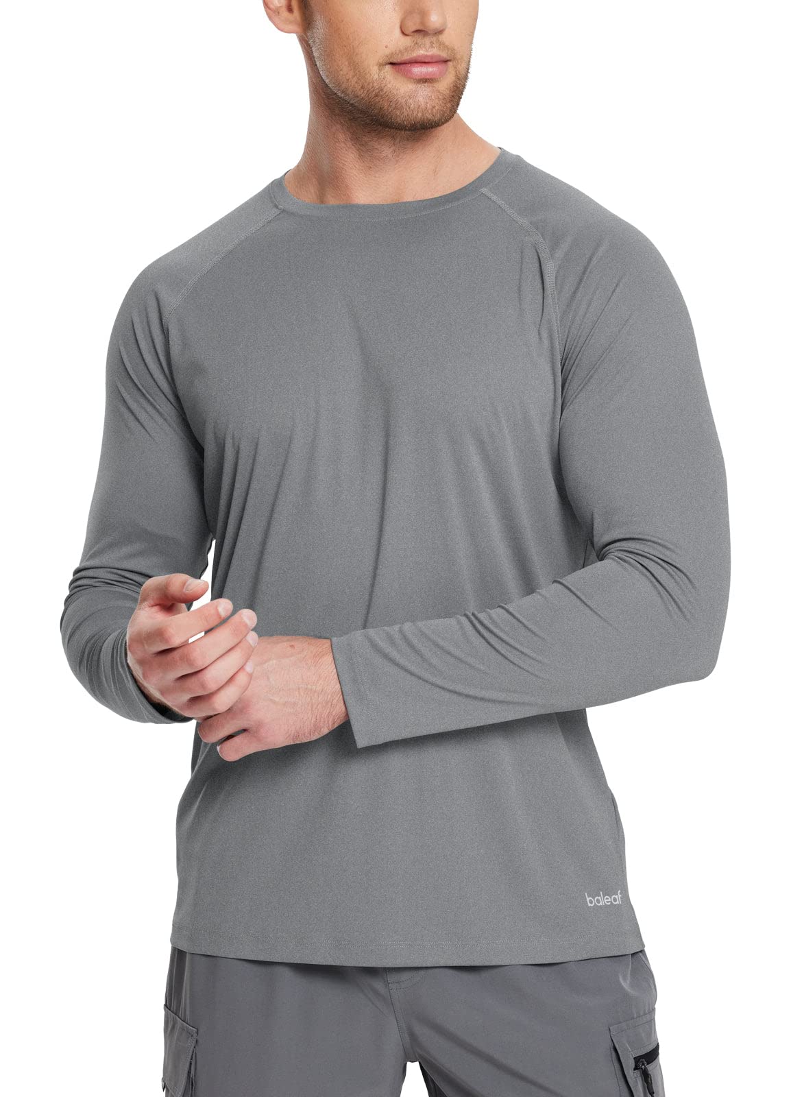 baleaf Men's Long Sleeve Running Shirts Workout Tops Quick Dry SPF Rash Guard Lightweight Hiking Sun Protection t Shirt Grey M