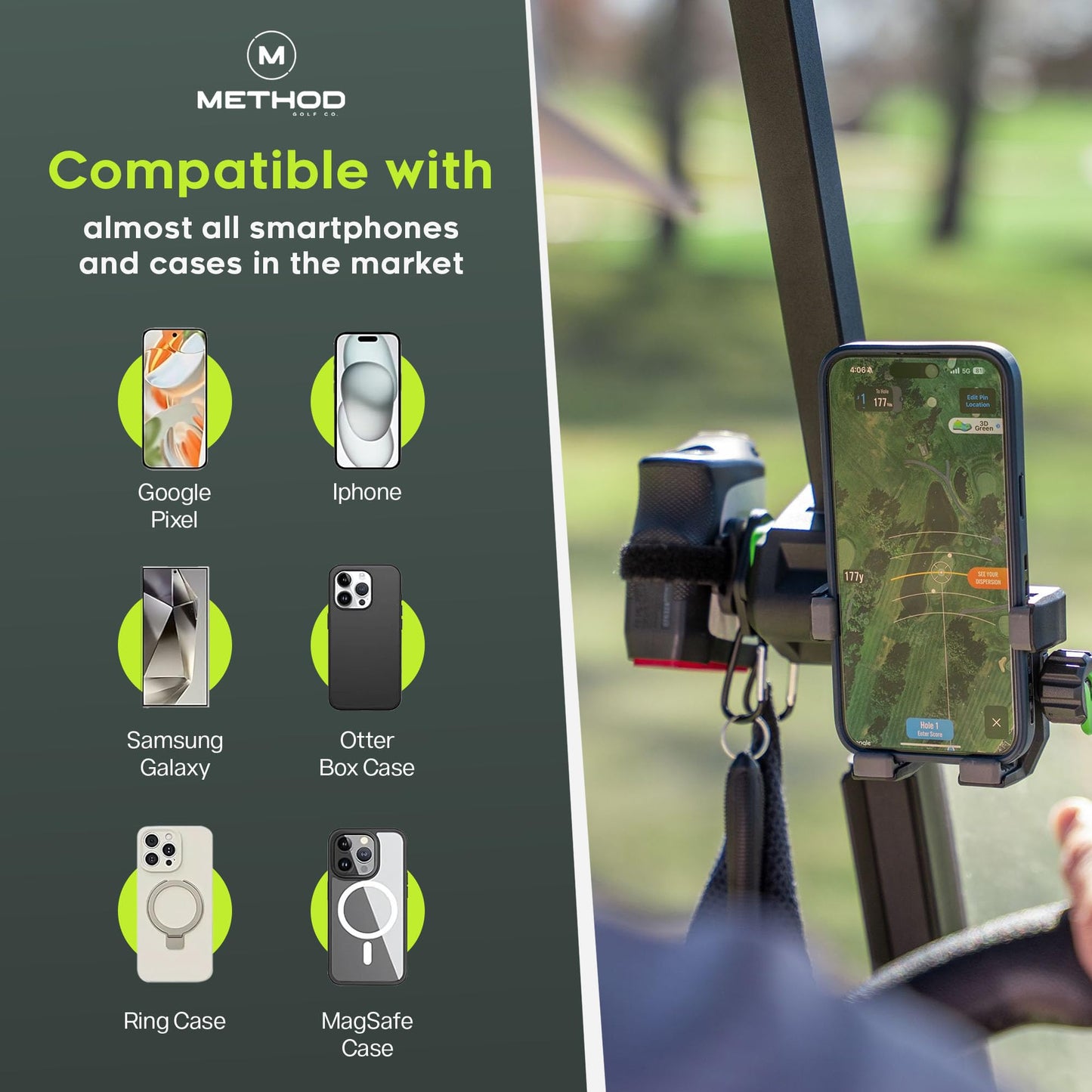 Method Golf RiderStack Magnetic Golf Cart Phone Holder – Heavy Duty Magnet Mount for iPhones & Android with Magnetic Rangefinder Strap- Magnetic Phone Holder Compatible with EZGO, Club Car & Yamaha