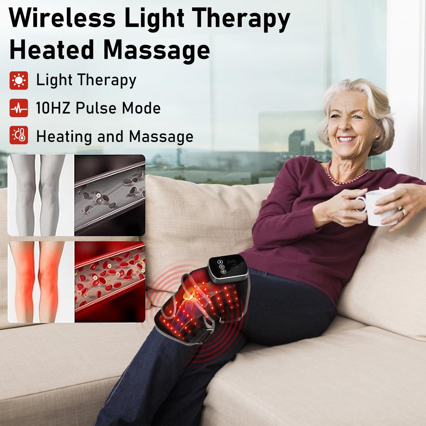 Longzhuo Knee Massager with Heat and Red Light Therapy Device, Cordless Heated Knee Brace with 5 Heat Levels & 3 Vibration Knee Heating Pad Wrap for Seniors, Men & Women