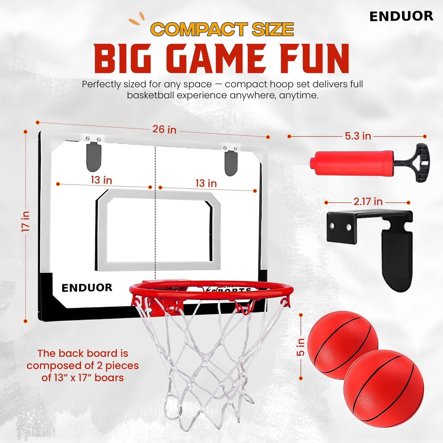 Basketball Hoop Indoor & Outdoor - Extra Large 26 x 17in Wall Mount or Over the Door Basketball Hoop, Complete Accessories with 2 Basket Balls & Pump, Easy to Install for Room, Office and Lawn