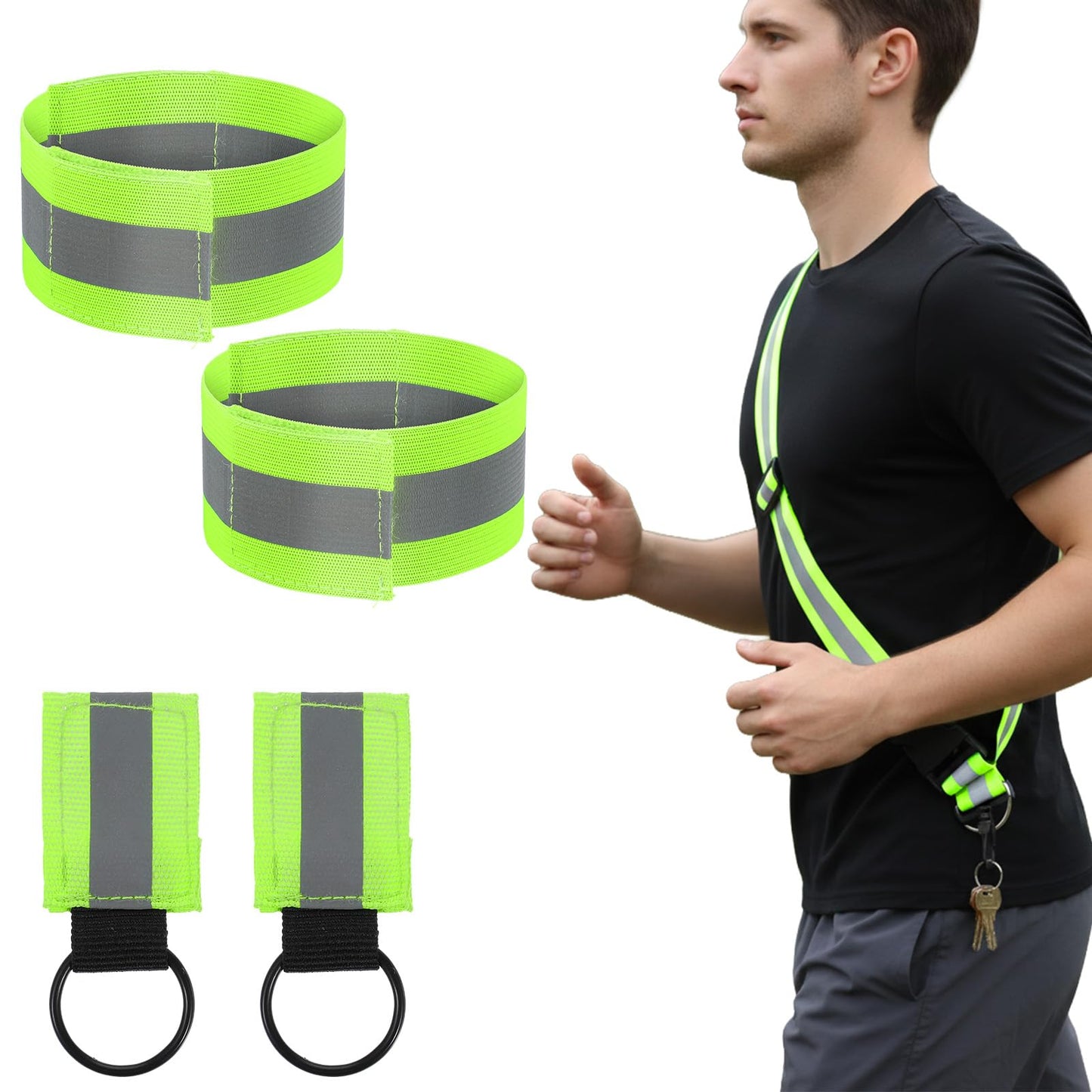 FdcZeyxior Reflective Sash for Walking at Night, Reflective Running Gear High Visibility Night Running Gear for Men Women with 2 Pcs Armbands and 2 Pcs Reflectives Keychain