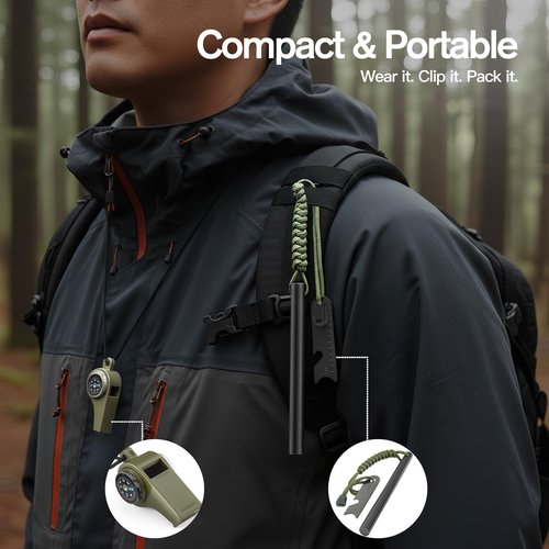Daco Min 6" x 1/2" Drilled Ferro Rod Fire Starter Kit - Large Ferrocerium Flint and Steel, Multitool Striker & 3-in-1 Survival Whistle (with Compass, Thermometer)-Emergency Gear for Camping, Bushcraft