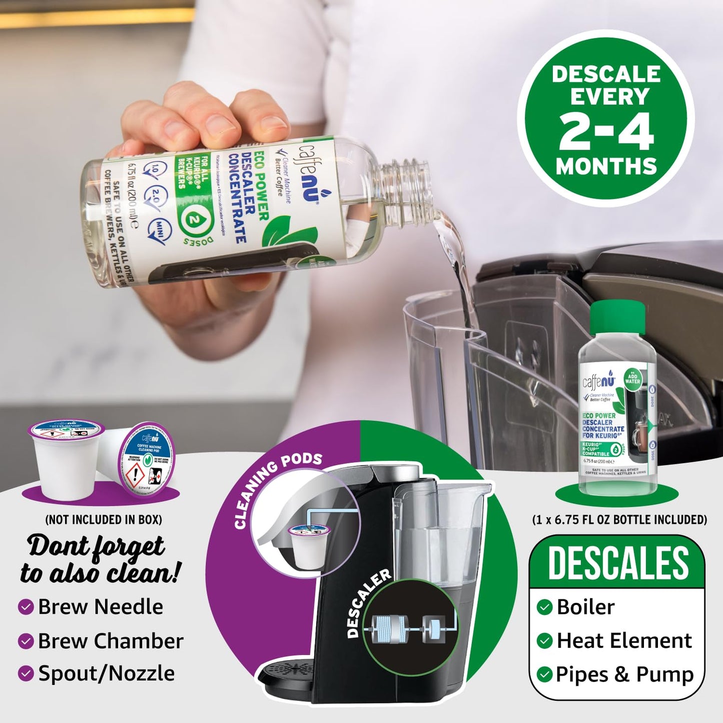 Keurig Compatible Descaling Solution. 1 Bottle of Descaler Solution. Descaling Kit Removes Limescale For Hotter Coffee. 2 Uses Descaler For Keurig Coffee Makers.