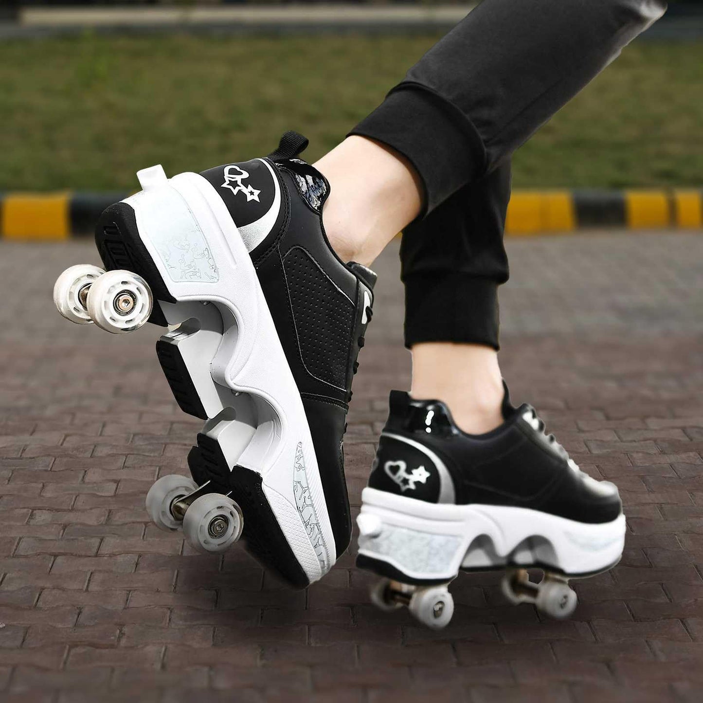 UonrvaoN Roller Skate Shoes for Men, Double-Row Deform Wheel Automatic Walking Shoes, Retractable Roller Skate, Shoes with Wheels, Skating Shoes for Outdoor Fun & Fitness Black Silver, 6.5