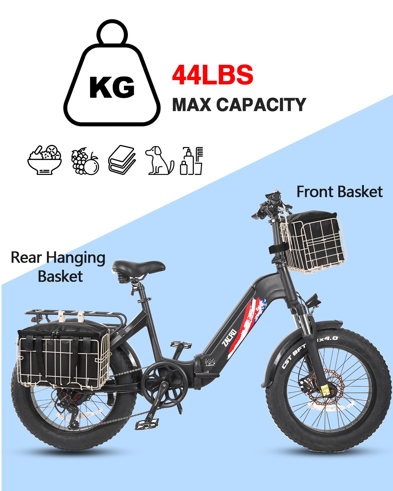 Zacro Bike Basket Front White, Folding Bicycle Basket with Removable Liner Bag, Large Quick Release Design Metal Ebike Basket for Adult Women/Men Carrying Dogs, Pets, Fruit & Grocery