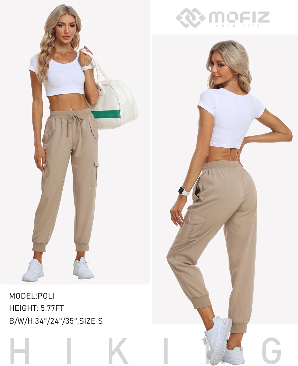 MoFiz Women's Lightweight Cargo Pants - Elastic Waist Athletic Joggers for Hiking & Travel