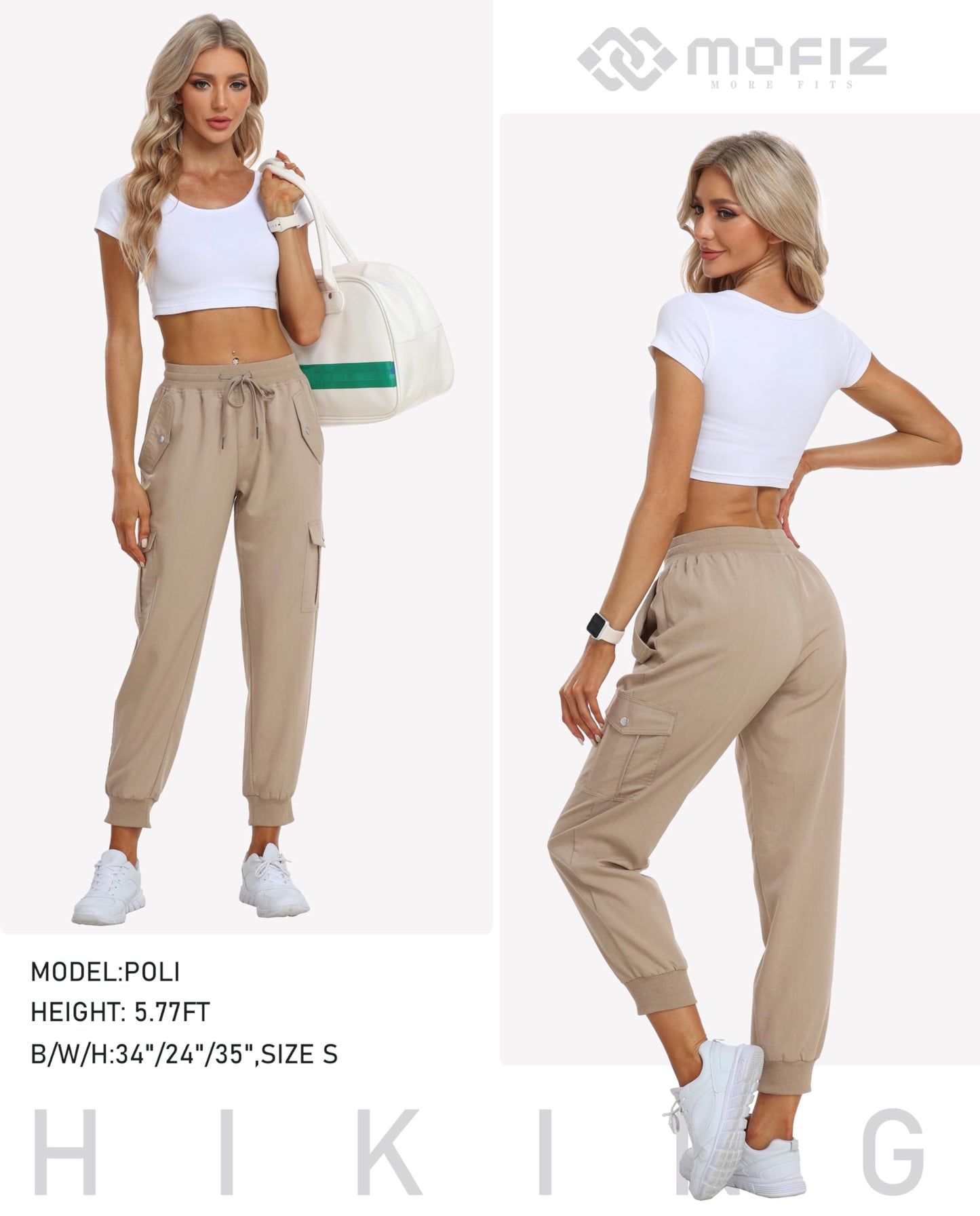 MoFiz Cargo Pants for Women Joggers Lightweight Quick Dry Running Sweatpants Outdoor Athletic Hiking Casual Travel Pant with Pocket Khaki L
