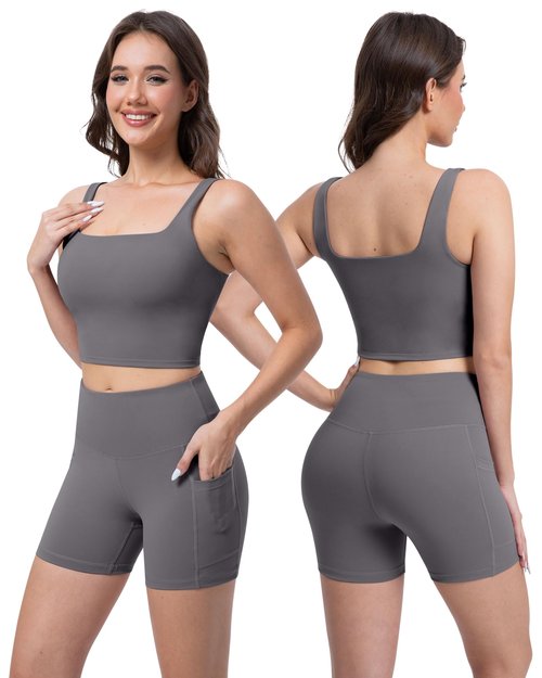 SALSPOR 3 Piece Workout Sets for Women High Waisted Leggings with Pockets Tummy Control Biker Shorts Yoga Sports Bra(3YFTZ-Gray-M)