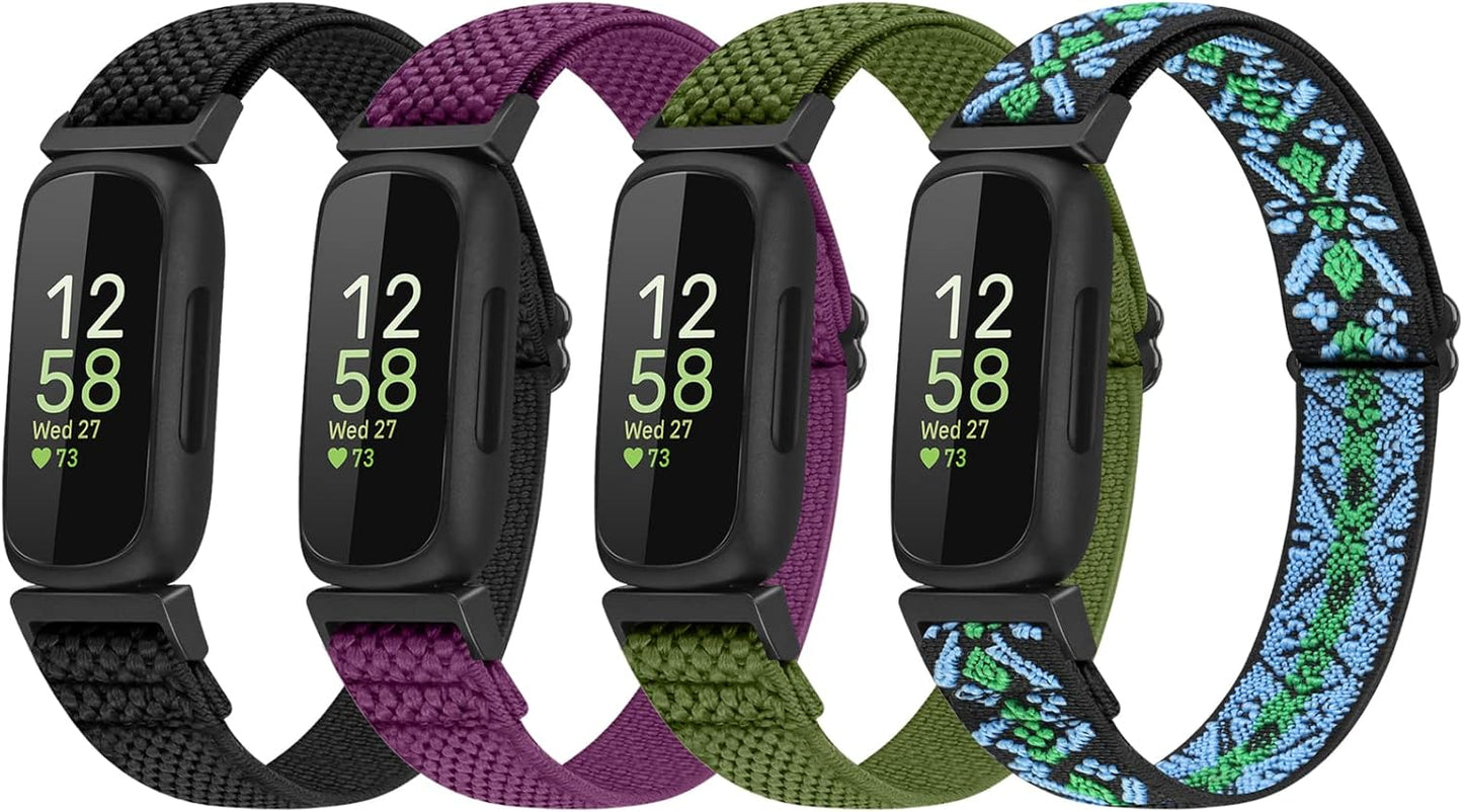 Vodtian 4-Pack Elastic Bands for Fitbit Inspire 3/2 | Adjustable Nylon Loop Straps for Men & Women