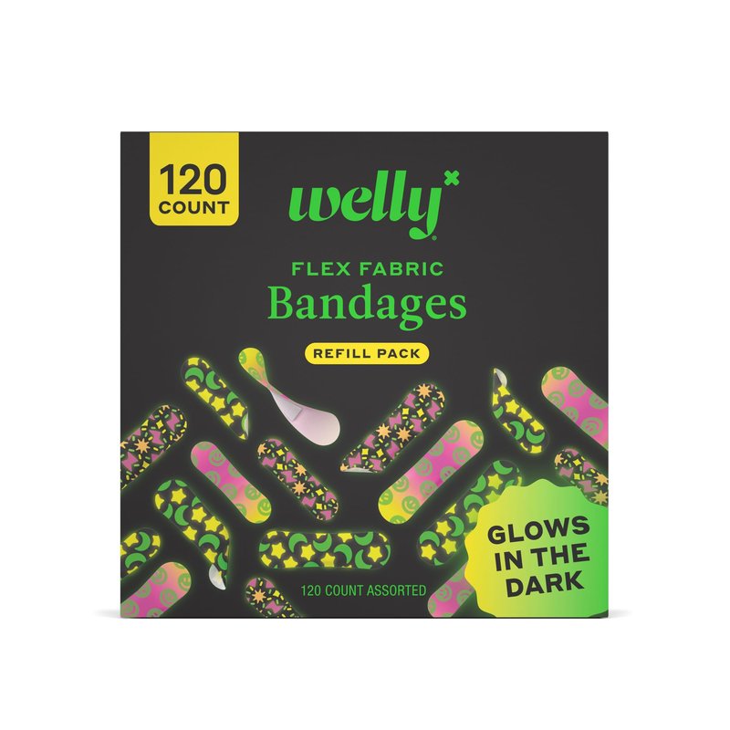 Welly Bandage Glow-in-the-Dark Refill Pack | Adhesive Flexible Fabric Bandages | Assorted Shapes and Patterns for Minor Cuts, Scrapes, and Wounds - 120 Count