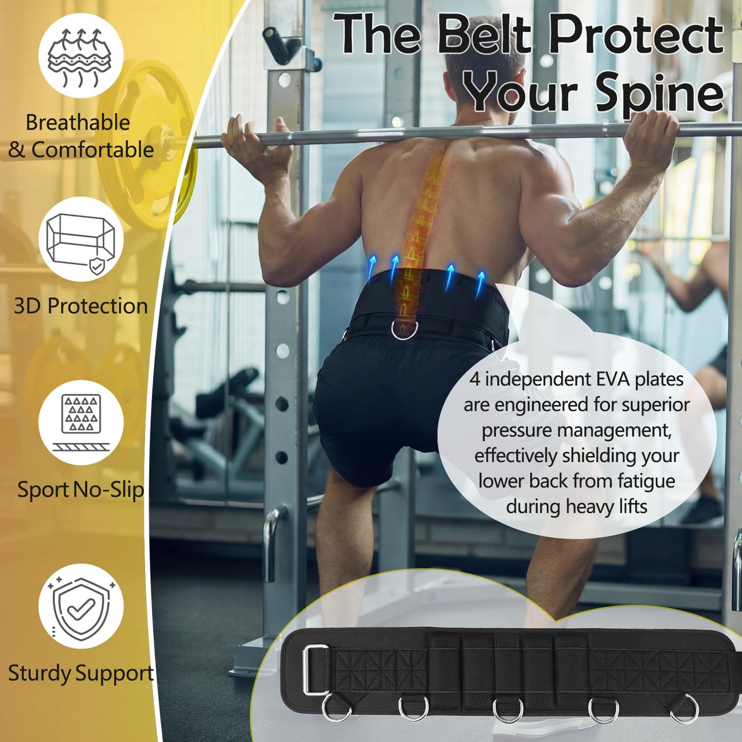 5 D-Rings Weightlifting Belt & Dip Belt with Adjustable 8- Loop 30.7" Nylon Strap, Weighted Gym Belts for Pull Up, Dips,Squat, Powerlifting & Deadlift, Weight Lifting Belt with Structured Back Support