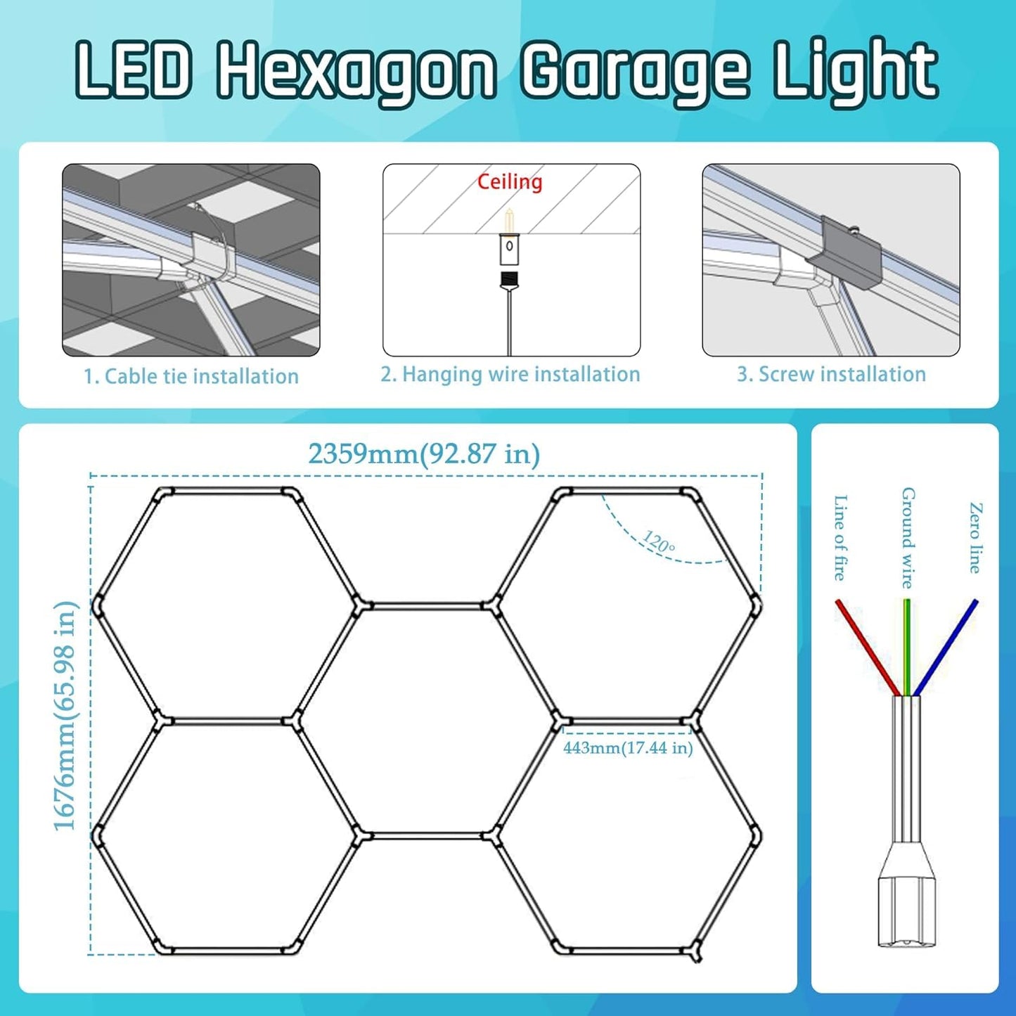 Gneng Hexagon Garage Lights, Ultra Bright LED 6500K 156W 17280LM; Hex Light for Garage Lights Ceiling Led, Barber, Workshop, Basement,Gym (5 Grids Hexagon Light)