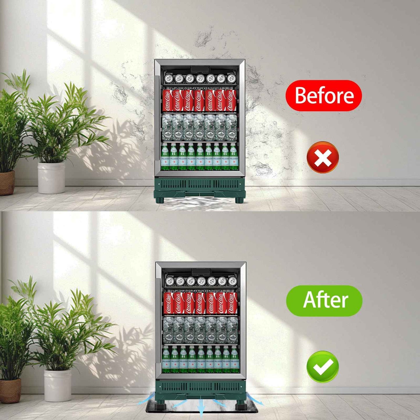 Mini Fridge Silicone Mat with 4 Sturdy Base Raisers, 24''x 24'' Drain Pan, Suitable for Fridge, Washing Machine, Dryer, Wine Cabinet.