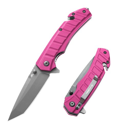FLISSA Folding Pocket Knife, EDC Knife with Liner Lock, Tanto Blade, Pocket Clip, Glass Breaker, Seatbelt Cutter, Perfect for Outdoor, Camping(Pink)