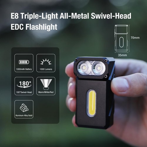 klarus E8 180° Swivel Head & Triple-Light Pocket Flashlight - 1000 Lumens, Rechargeable, IPX6 Waterproof, Magnet, Clip (EDC)