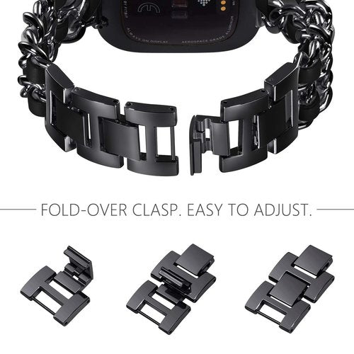 NewWays Compatible Fitbit Versa 2 Bands for Women, Dressy Bracelet with Black Leather
