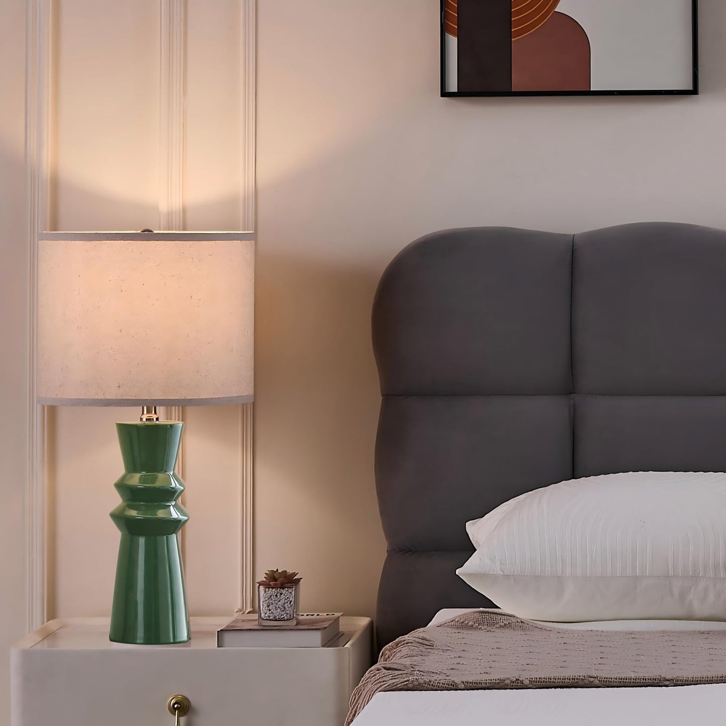 HGNPJC 24.75" Green Ceramic Table Lamp Set of 2-3-Way Dimmable Nightstand Lamps with Pallid Shade for Bedroom Farmhouse Bedside Nightstand Bedside Lamp End Table Lamps (Dark Green)