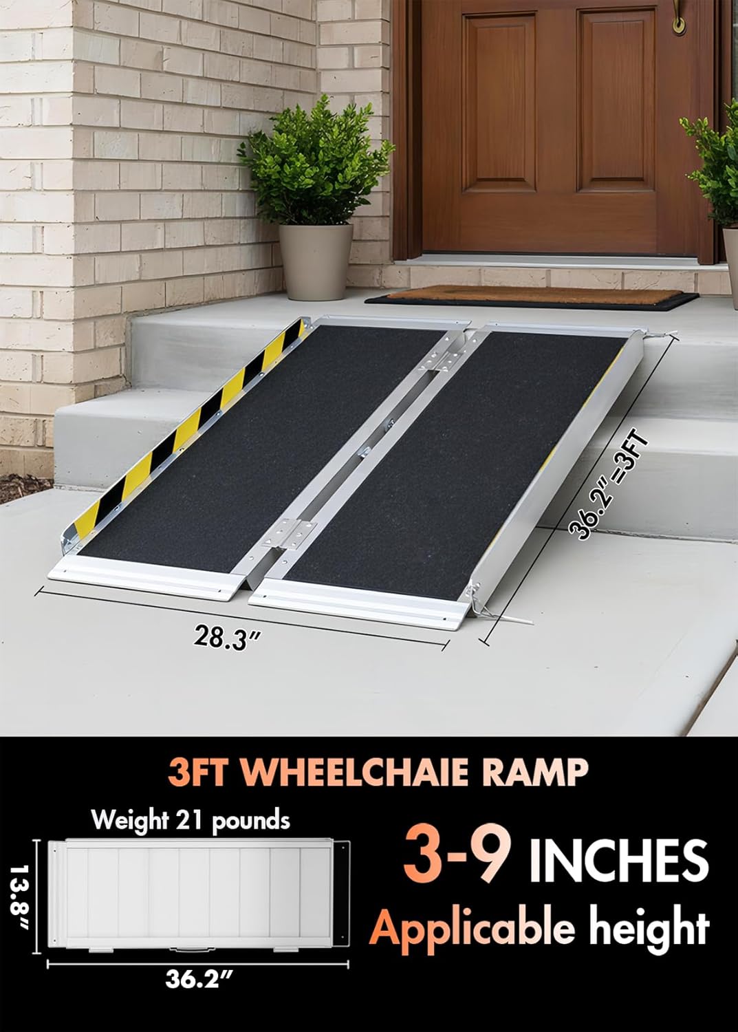 Skiennix Portable Wheelchair Ramp - 3FT Non-Slip Folding Aluminum Threshold Ramp | Supports Up to 800lbs