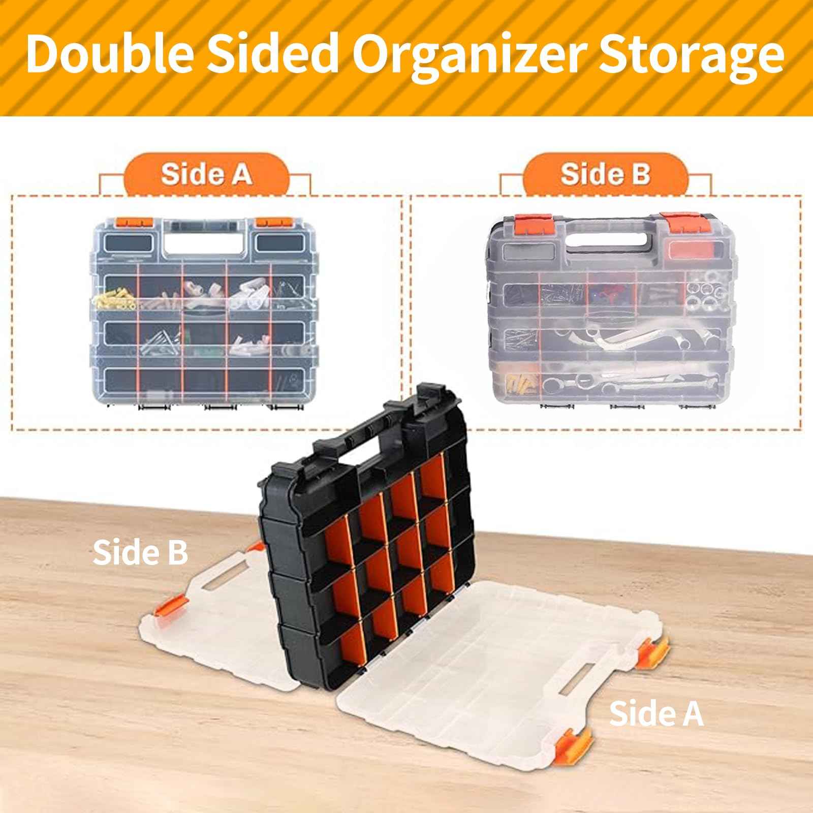 Small Parts Organizer, 34-Compartments Hardware Organizer Box, Double Side Storage Case Tools Box with Removable Dividers for Screws, Bolts, Nails, Beads, Jewelry & More