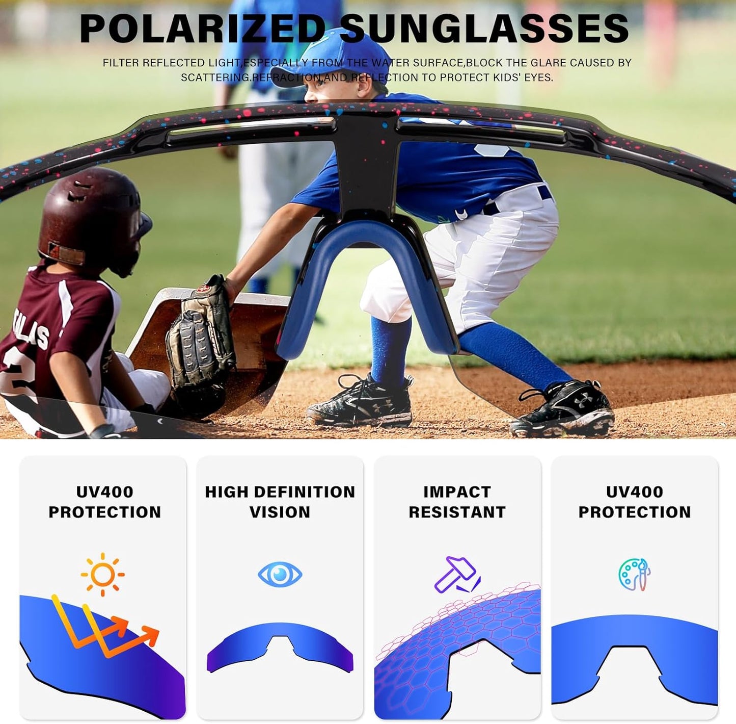 Skiennix Kids Polarized Sunglasses - UV400 Protection for Youth Baseball & Softball | 4-Pack Set