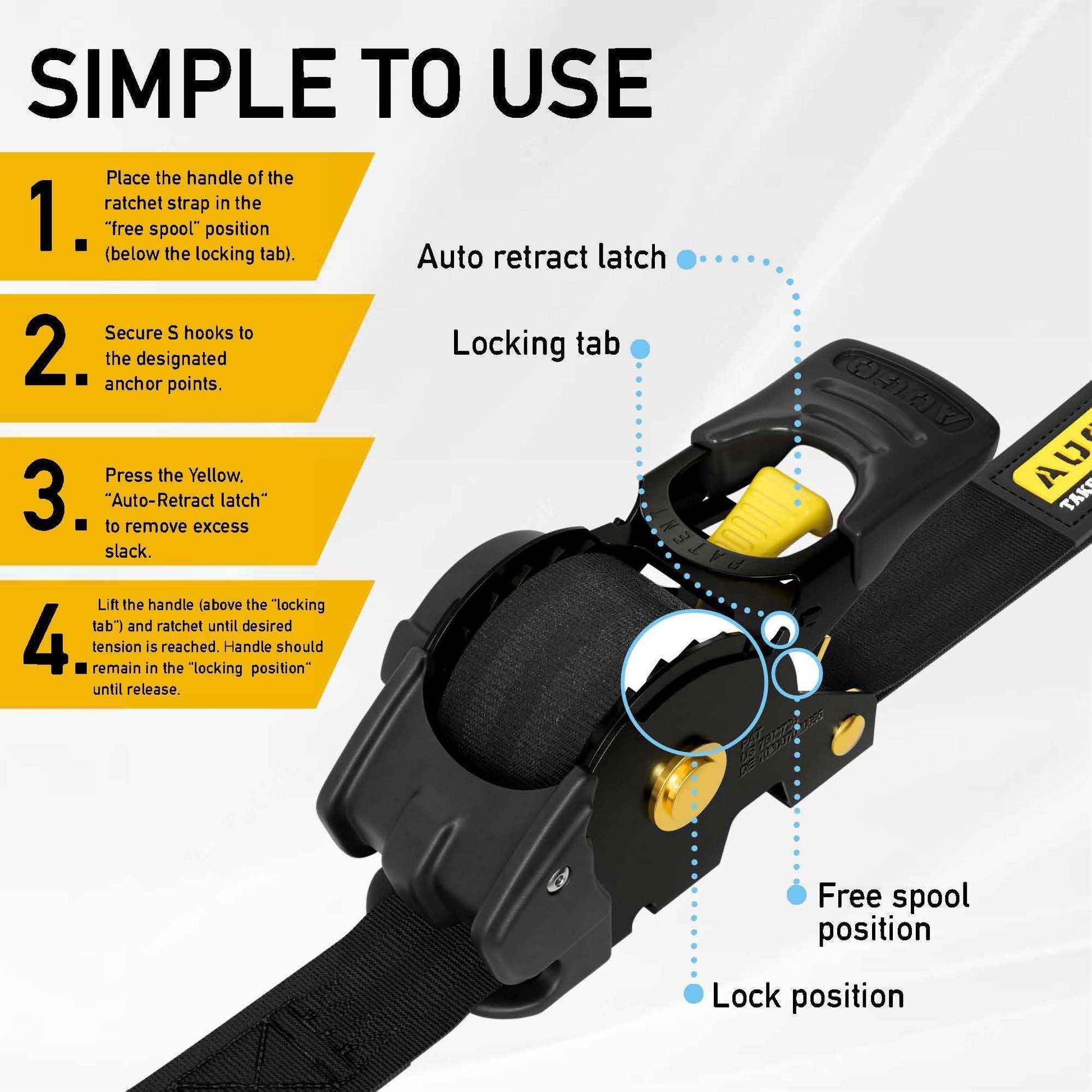 AUGO Retractable Ratchet Straps | 4 Heavy Duty Ratchet Straps Self Retractable Tie Down Straps with Soft Loops & Storage Bag for Motorcycle, Truck, Trailer, Cargo Van | 1200 Lb Break Strength 1” x 10’