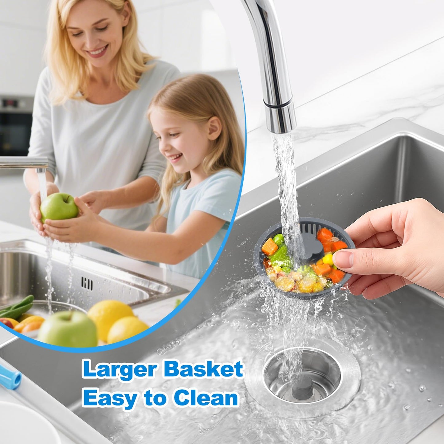 Universal 3 in 1 Kitchen Sink Drain Strainer Kit, SUS304 Stainless Steel Pop-up Kitchen Drain Stopper with Strainer Basket, Fast Drainage Kitchen Sink Plug for Standard 3-1/2 Inch Drain, Silver
