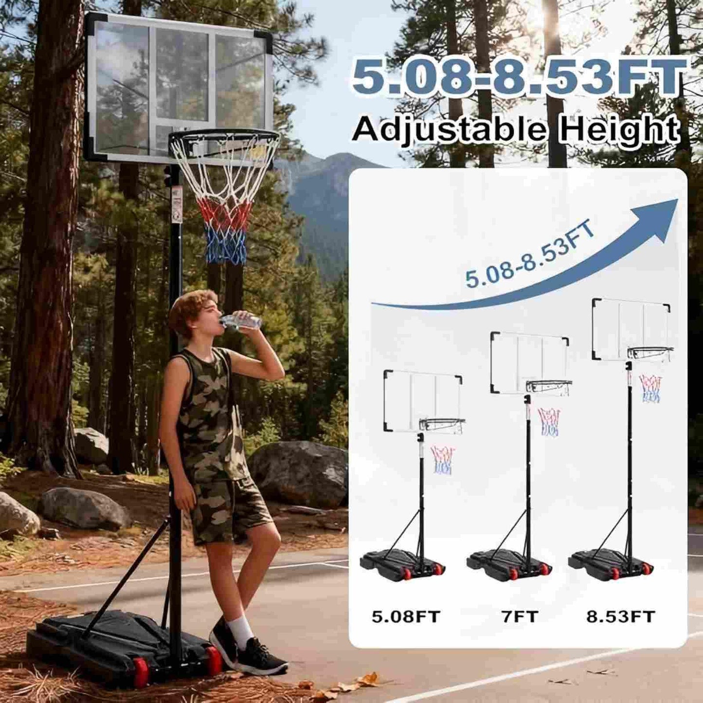 DUMOS 5.08-8.53FT Portable Basketball Hoop Outdoor for Kids, Adjustable Height 44 Inch Shatterproof Backboard w/Shock Absorbent Rim, Fillable Base, 2 Wheels for Swimming Pool/Indoor, White