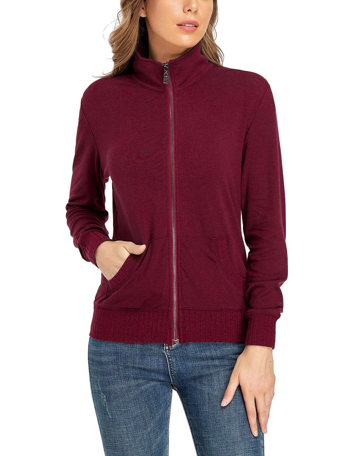 andy & natalie Women's Zip up Jackets Sweatshirts Jacket Stand Collar Jacket with Pockets