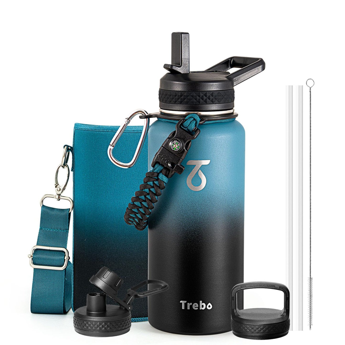 Trebo 32oz Water Bottle Insulated with Lid and Straw,Triple Wall Vacuum Stainless Steel Metal Tumbler Sports Flask with Paracord Handle, Keep Cold 48 Hours Water Cup with 3 Lids, Indigo/Black