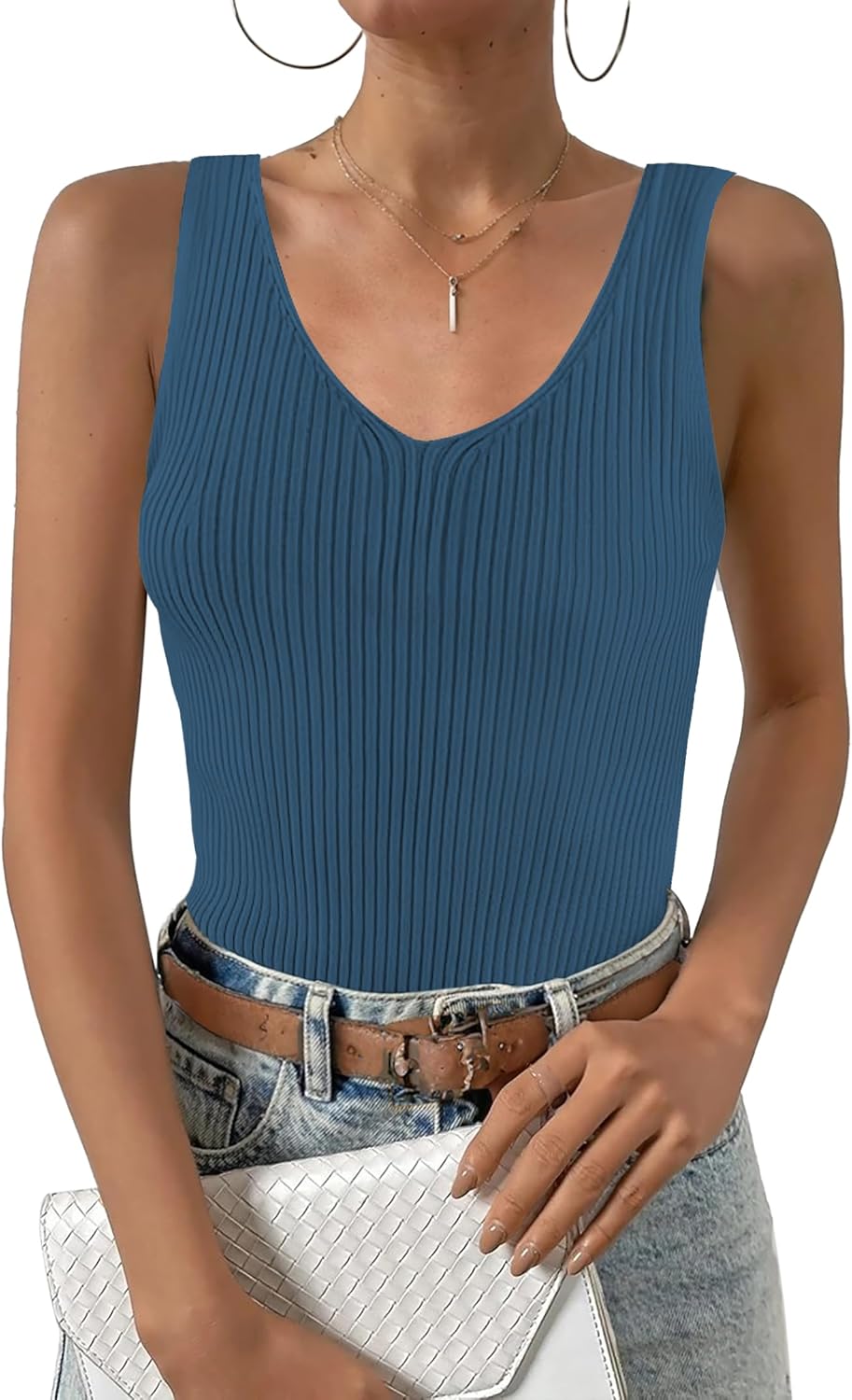 Zeagoo Women's Ribbed V-Neck Tank Top - Slim Fit Knit Sleeveless Casual Tee