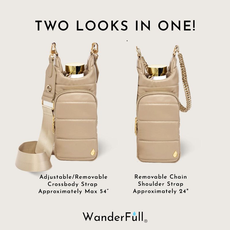 WanderFull® Original HydroBag® Vegan Leather, Fits Up to 32 oz Water Bottle Holder w/ 2 Straps, Hands-Free Crossbody Water Bottle Carrier Bag with Phone Pocket, Tumbler Accessories - Taupe