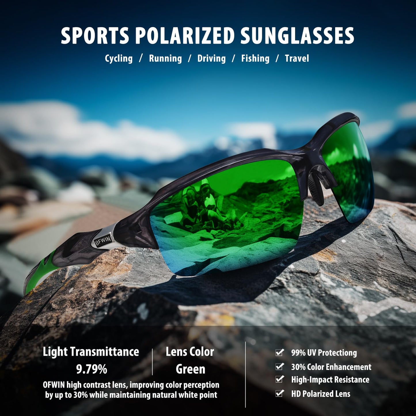 Ofwin Polarized Sports Sunglasses for Men Women Wrap Around Half Frame Cycling Fishing Bike Running Sun Glasses UV Protection White Frame/Blue Mirror Lens