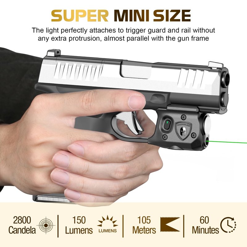 WARRIORLAND Pistol Light Laser Combo Fits Springfield Hellcat Pro, Compact 150-Lumen Trigger Mounted Tactical Weapon Light with Green Laser & White LED, Power Indicator & 3 Light Mode, SLL-110G