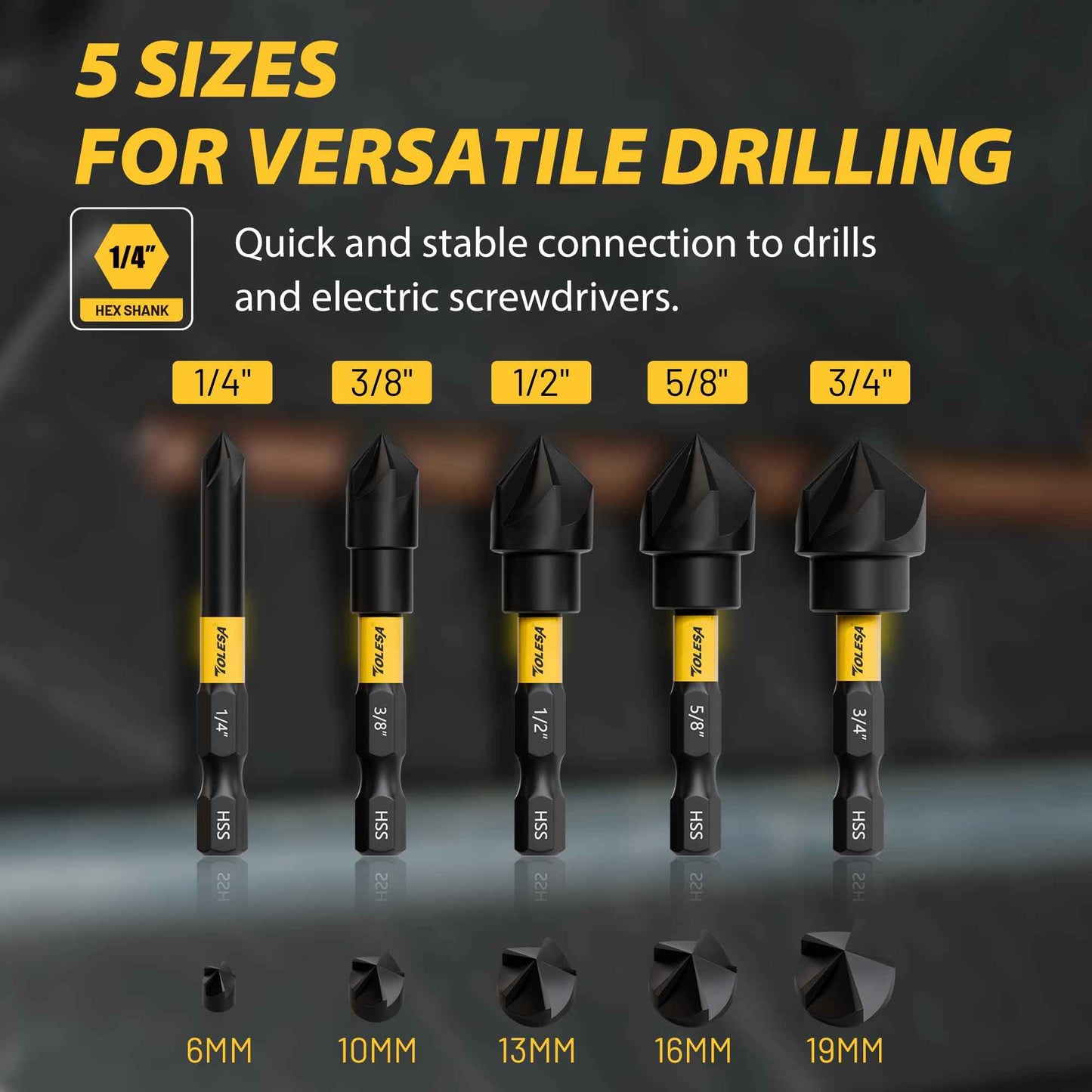 TOLESA 5PCS Countersink Drill Bit Set with 82 Degree 5 Flutes Design, Nitride Coating HSS 1/4" Hex Shank Counter Sink Drill Bit for Wood, Metal, Plastic in Size 1/4” 3/8” 1/2” 5/8” 3/4”