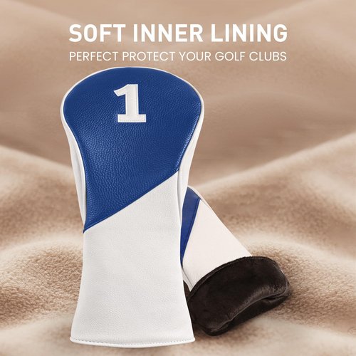FINGER TEN Golf Club Head Covers for Woods Driver Fairway Hybrid with Interchangeable Number Tag 1 3 5 Premium Leather Headcovers for Women Men (Blue&White, D+F+H)