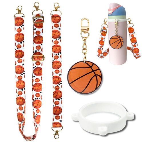 Basketball Accessories Set Compatible for Owala Water Bottle 24 oz,32 oz,40 oz,Tumbler,FreeSip - Includes Shoulder Strap,Handle Strap,Silicone Ring,Keychain Charm,Basketball Gifts for Women Men