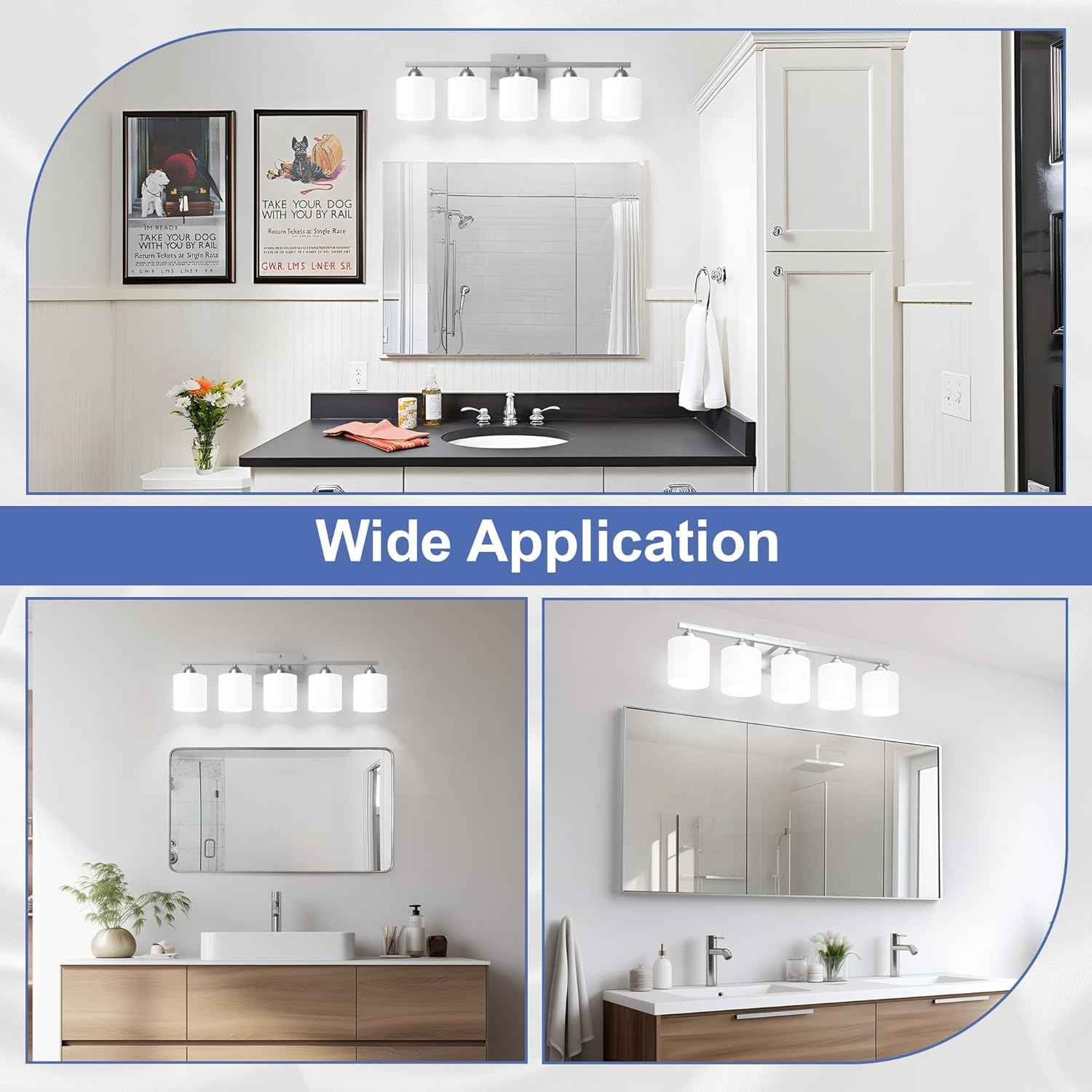 Modern 4-Light Bathroom Vanity Light Fixture - Anti-Rust Over Mirror Sconce with Milky White Glass Shades, E26 Base
